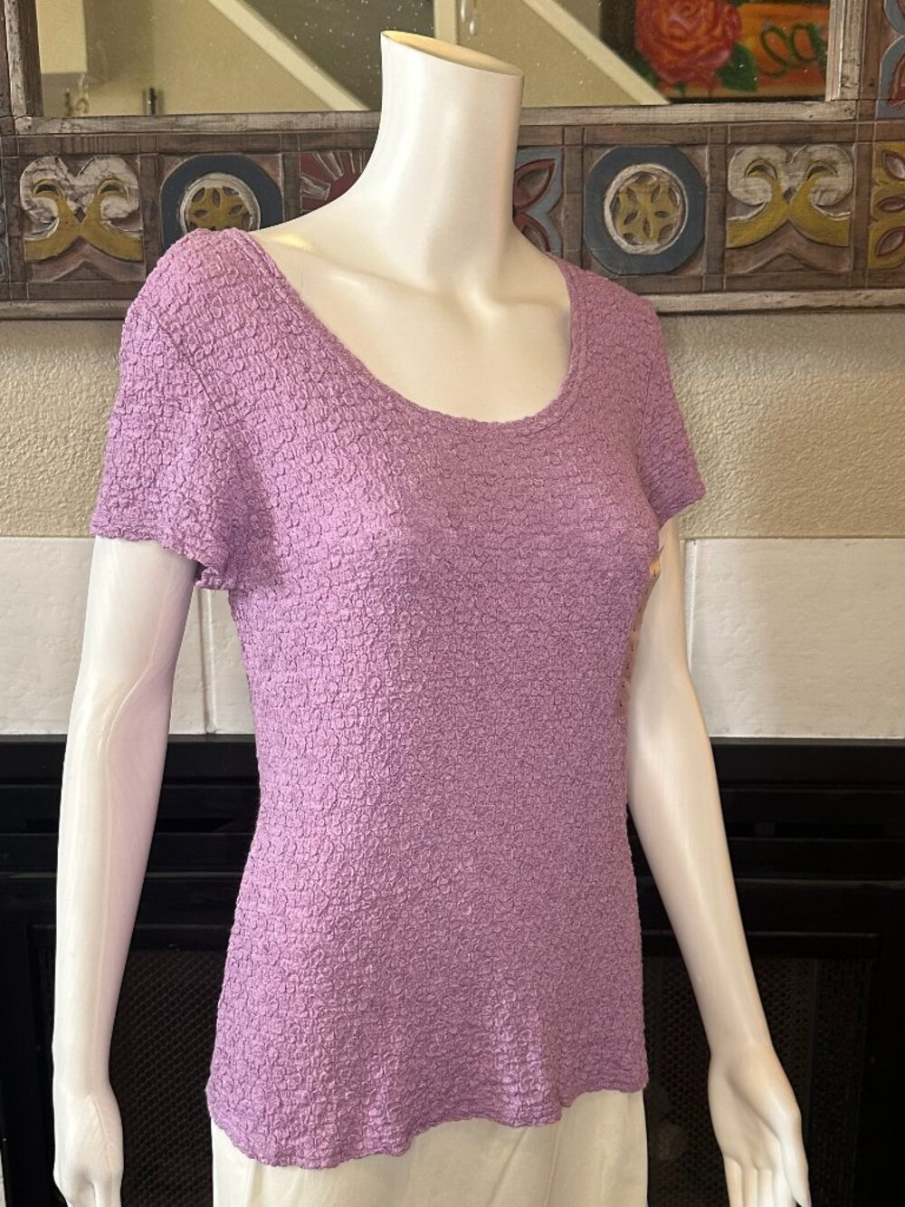 WORTHINGTON STRETCH TEXTURED Lavender Rose Short Sleeve Top LARGE Blouse NWT